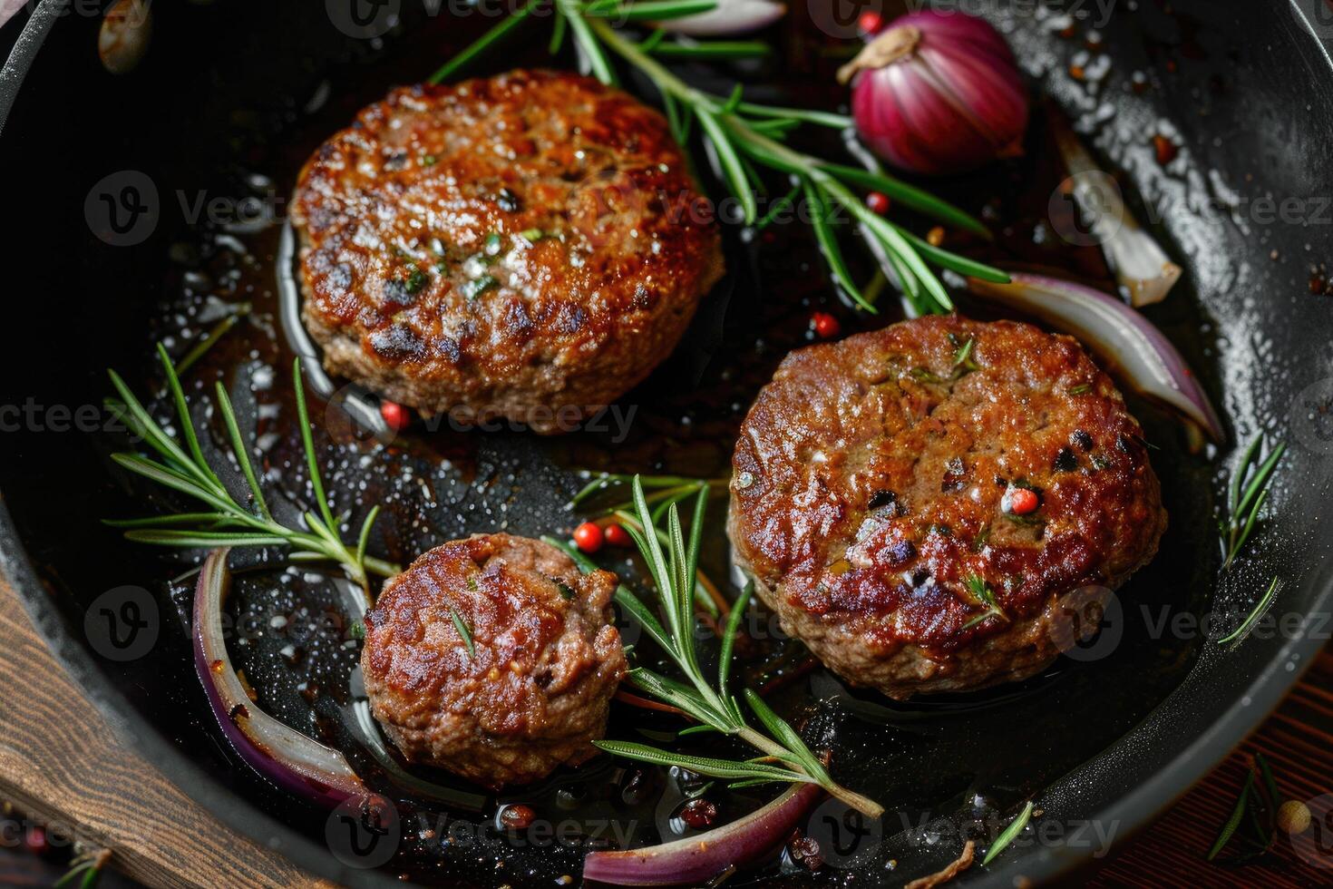 Organic beef hamburger patties with spices in a frying pan. Top view. photo