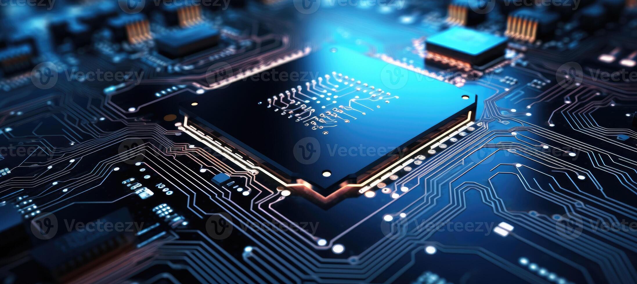 Computer motherboard with CPU. Circuit board system chip with core processor. Computer technology background. photo