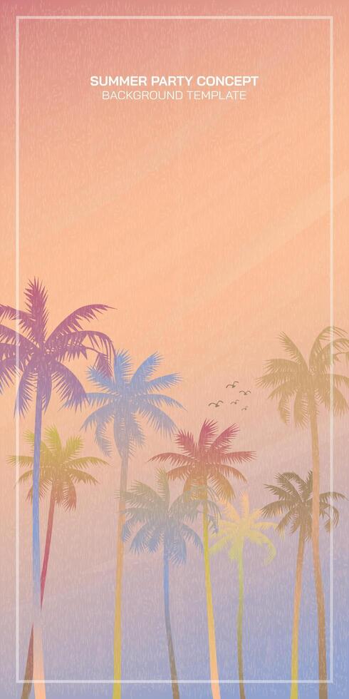 Pastel palm trees with surrealistic sky background illustration. Summer traveling and party at the beach peach color concept flat design with blank space. vector