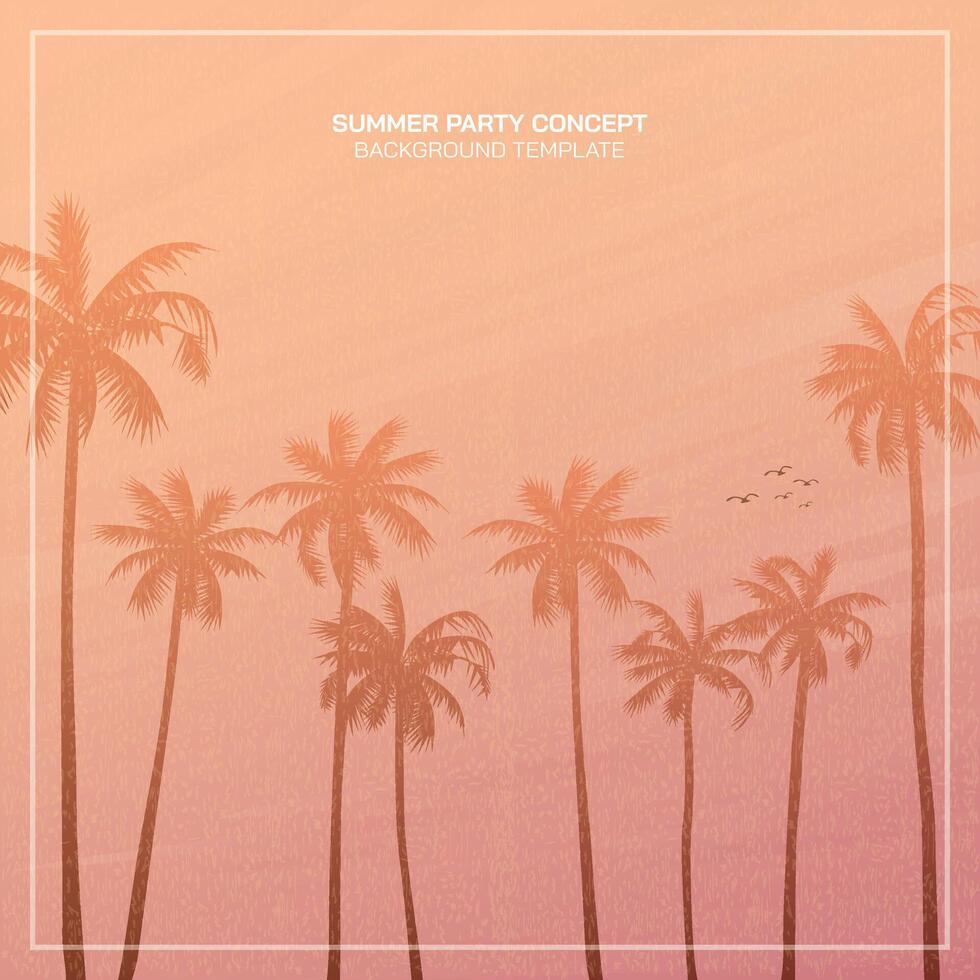 Silhouetted palm trees with surrealistic sky background illustration. Summer traveling and party at the beach peach tone concept square shape flat design with blank space. vector