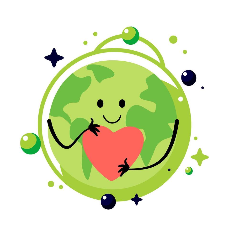 Cute smiling earth planet with heart isolated on white background. Earth day, world environment day concept design. cartoon character illustration. vector