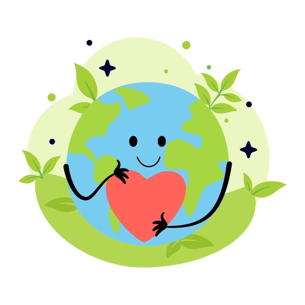 Cute smiling earth planet with heart isolated on white background. Earth day, world environment day concept design. cartoon character illustration. vector