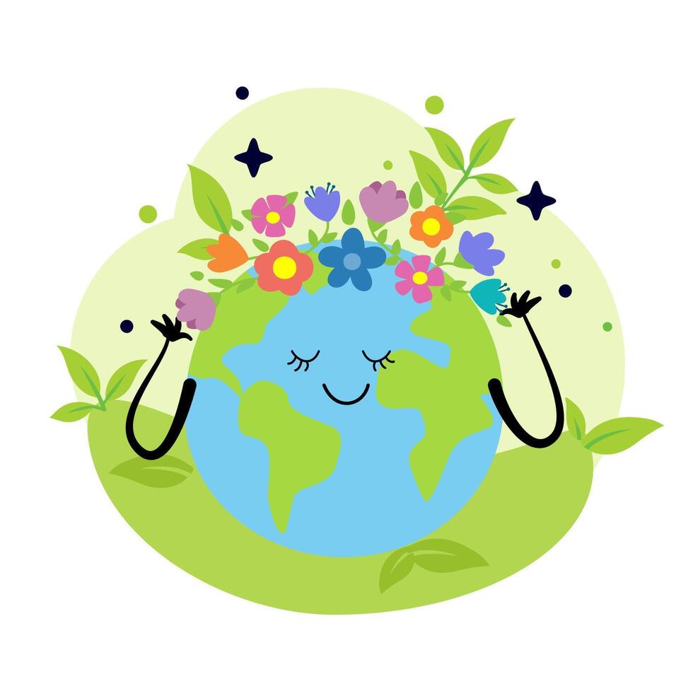 Cute smiling earth planet with heart isolated on white background. Earth day, world environment day concept design. cartoon character illustration. vector