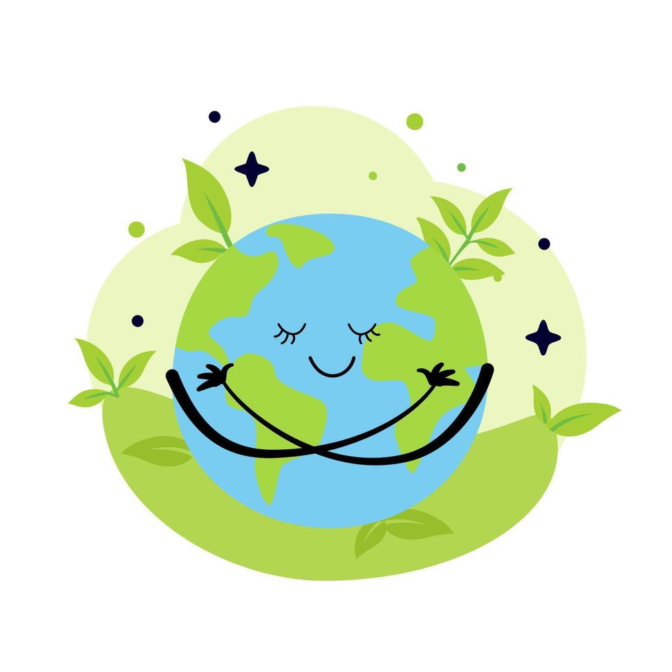 Cute smiling earth planet with heart isolated on white background. Earth day, world environment day concept design. cartoon character illustration. vector