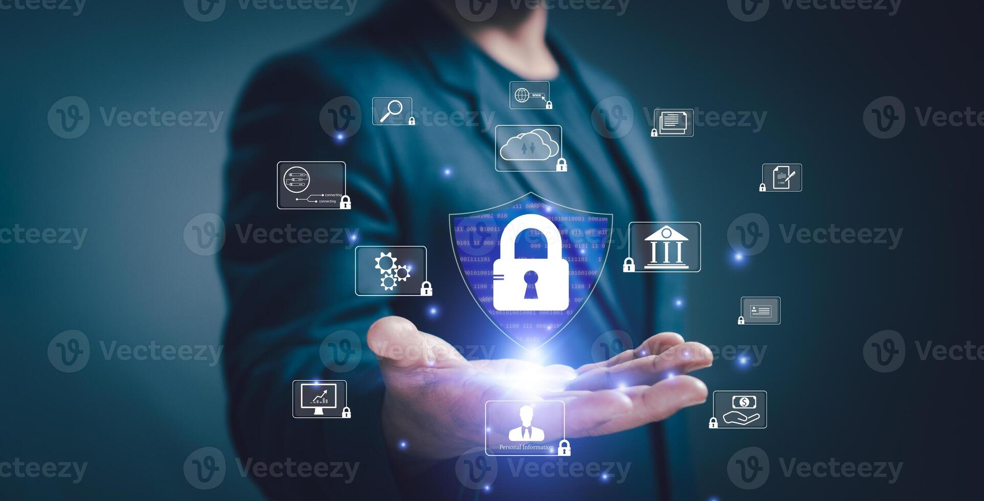 Concept protection of personal information security from cybercrime. Businessman hand show shield, key lock authentication, access personal financial data digital security cyber Online transactions. photo