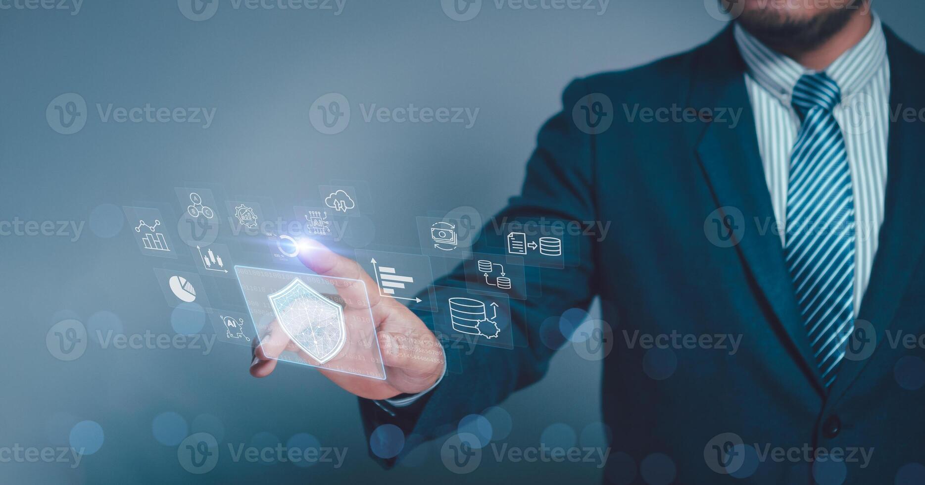 Concept artificial intelligence Data analysis business analytics internet technology. Businessman hand touch on virtual screen KPI Dashboard.analyzing financial graph, economic graph growth chart. photo