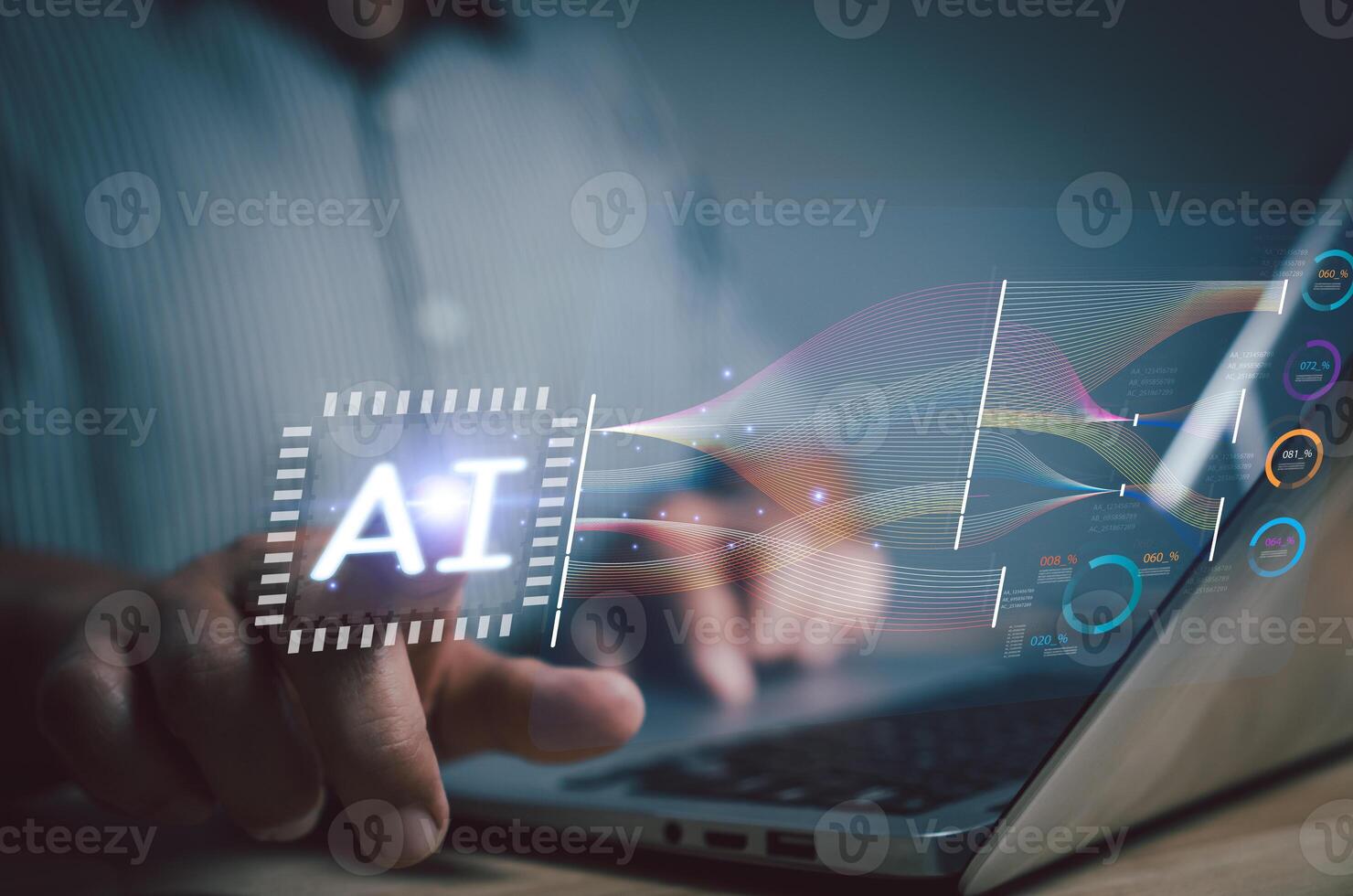 Concept artificial intelligence Data analysis business analytics internet technology. Businessman hand touch on virtual screen KPI Dashboard.analyzing financial graph, economic graph growth chart. photo