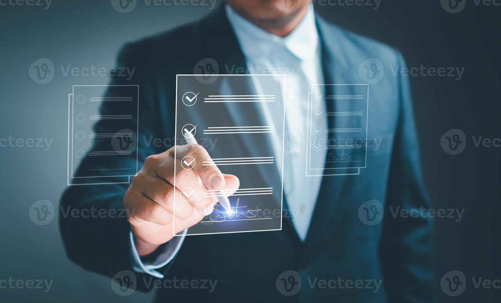 Concept E-signing, electronic signature, document management, paperless office. Lawyer or Businessman Check document and approve agreement sign on e-document digital virtual screen with stylus pen. photo