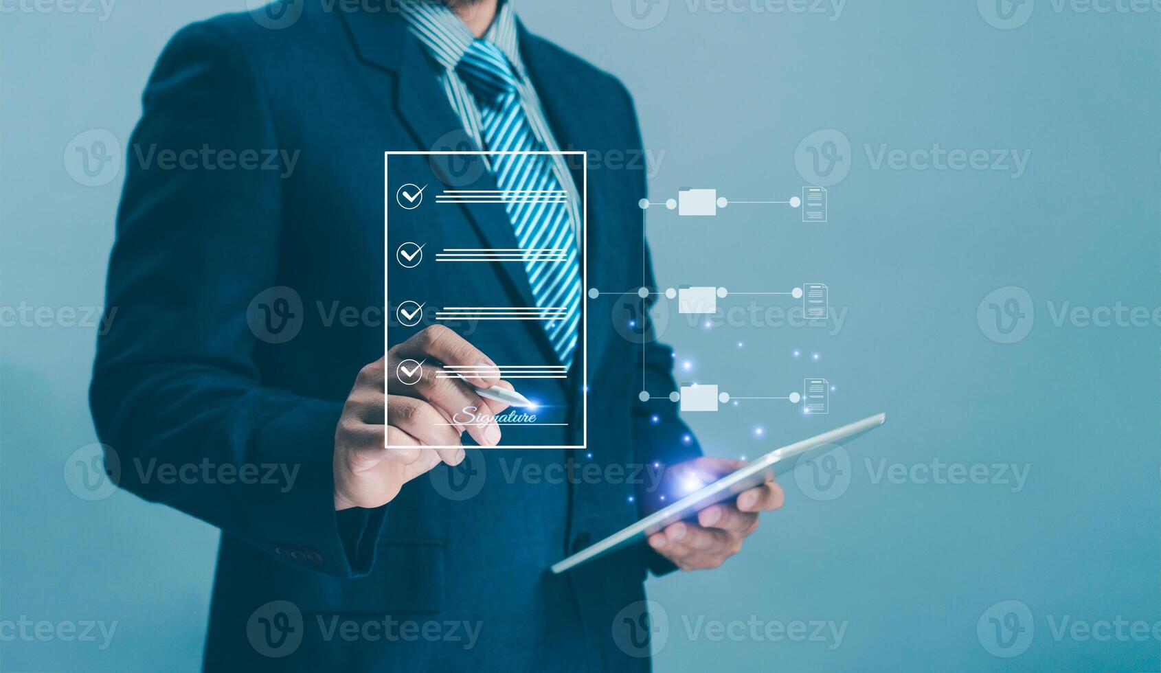 Concept E-signing, electronic signature, document management, paperless office. Lawyer or Businessman Check document and approve agreement sign on e-document digital virtual screen with stylus pen. photo