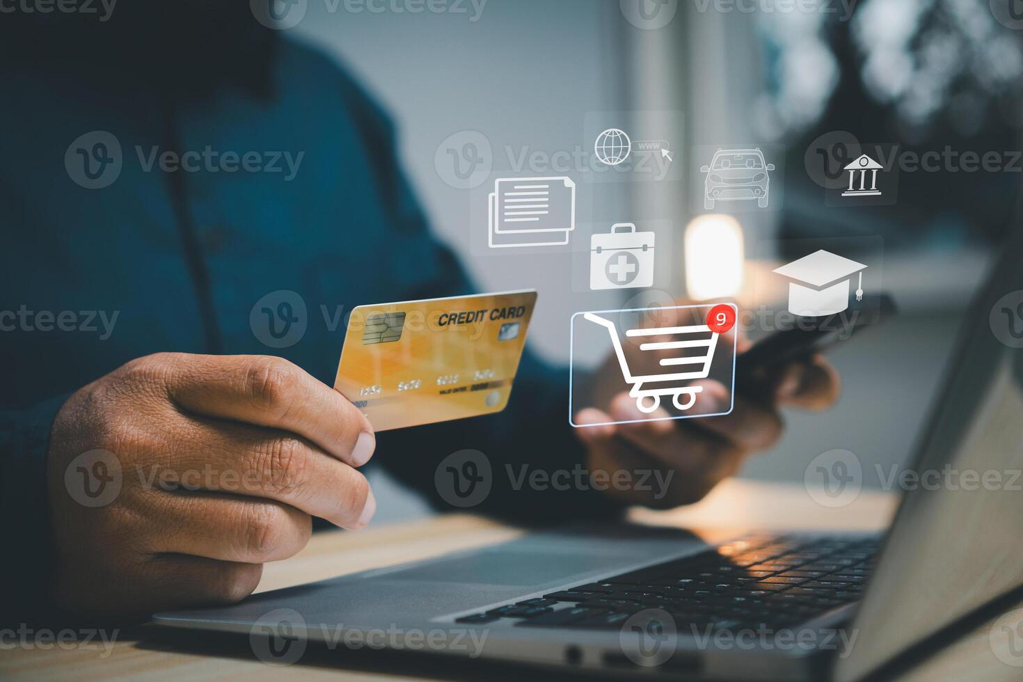 Concept shopping online Pay by credit card. man hand holding credit card using smartphone make financial transactions. internet banking, store online, payment, spending money, e-commerce payment photo