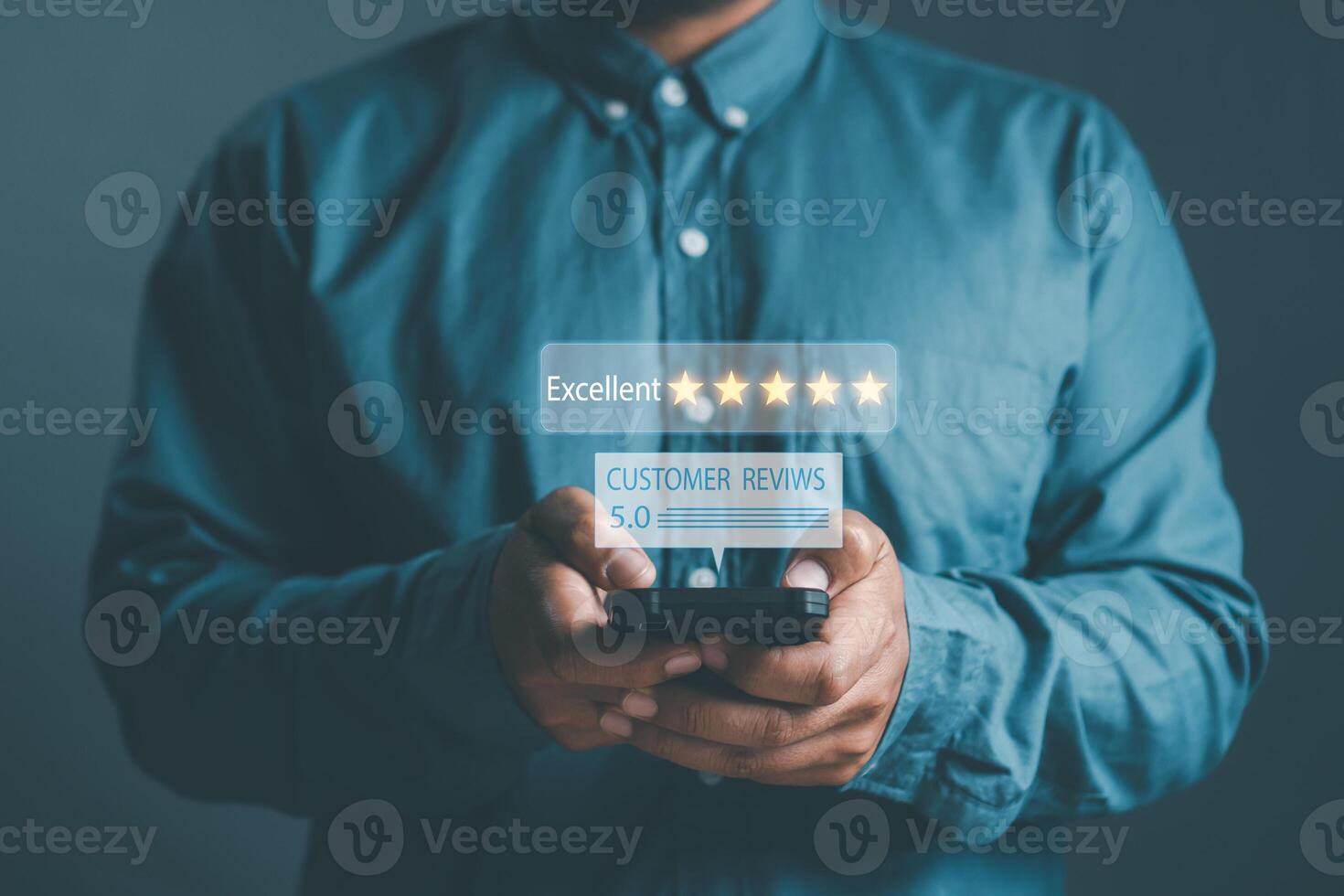 Customer Satisfaction concept, close up hand Man using smartphone with popup five star icon for feedback review satisfaction service, Customer service experience and business satisfaction survey. photo