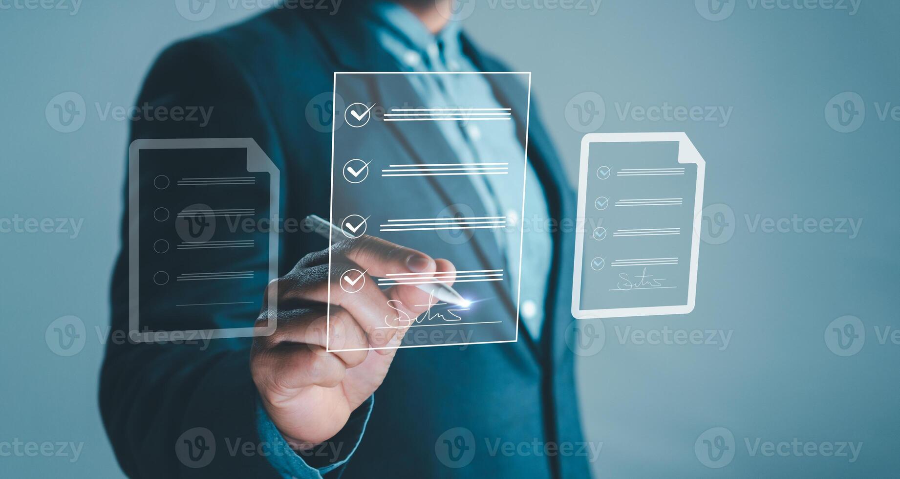 Concept E-signing, electronic signature, document management, paperless office. Lawyer or Businessman Check document and approve agreement sign on e-document digital virtual screen with stylus pen. photo
