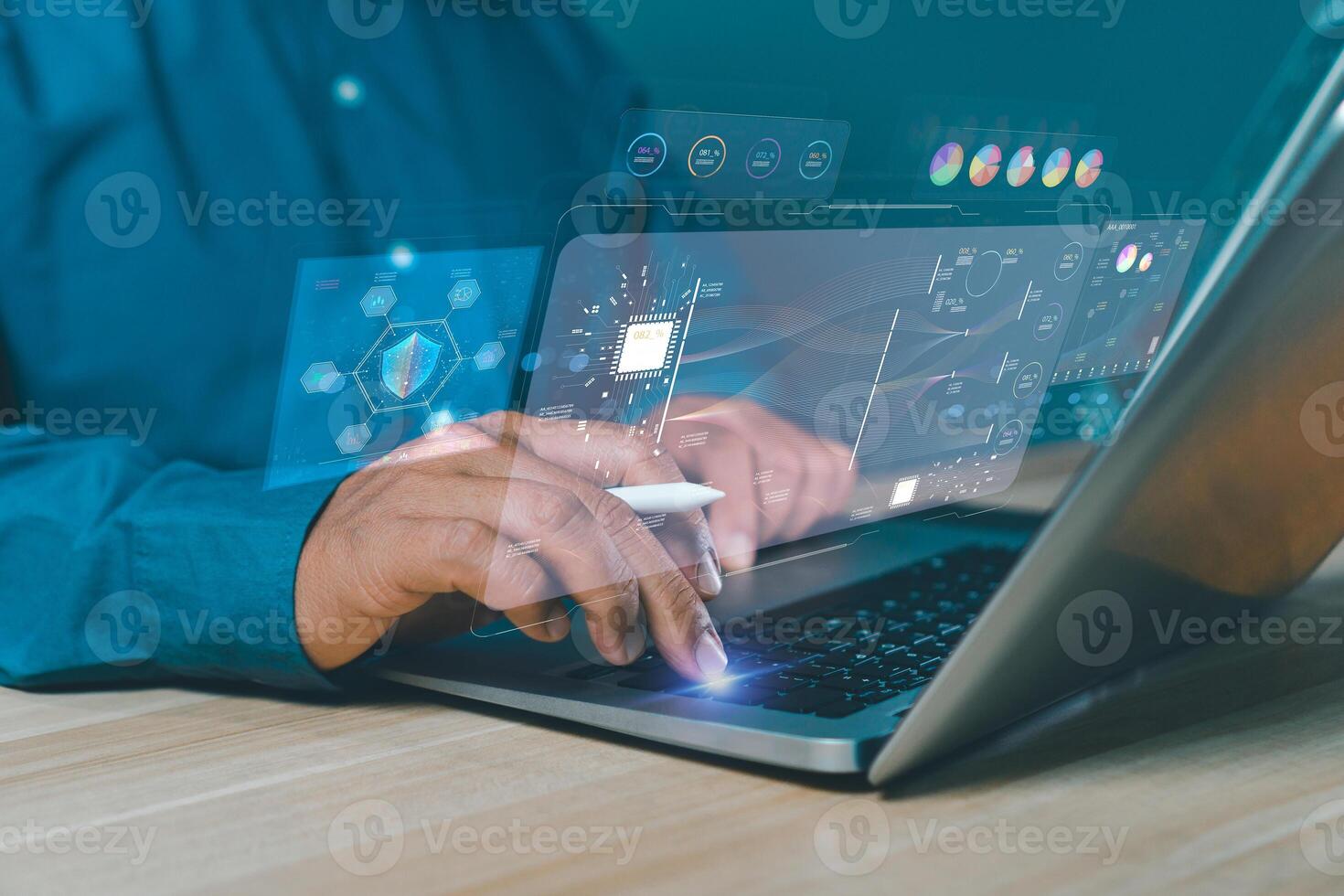 Concept artificial intelligence Data analysis business analytics internet technology. Businessman hand touch on virtual screen KPI Dashboard.analyzing financial graph, economic graph growth chart. photo