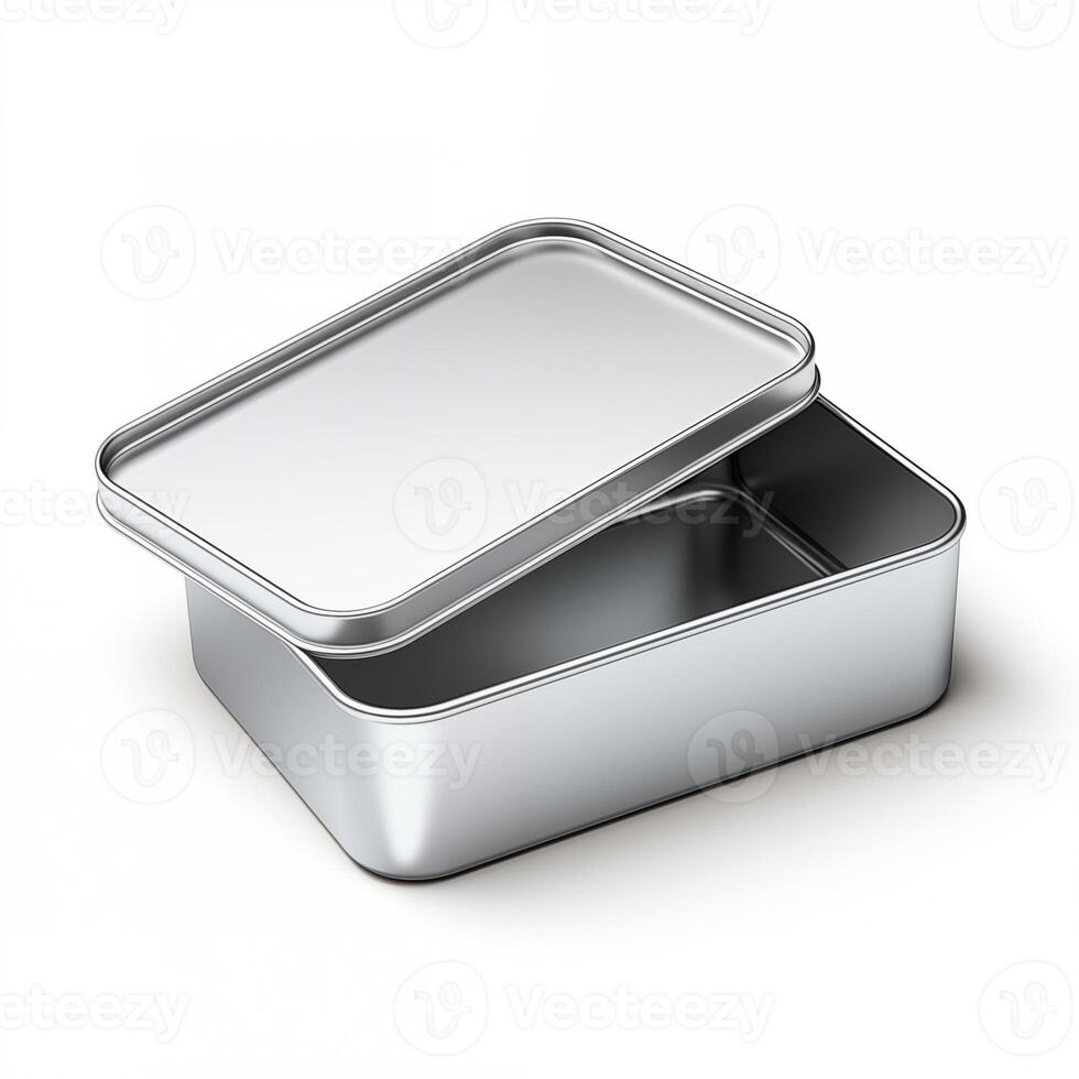 Rectangular tin box with an open lid. Metal box for various purposes. Isolate on a white back photo