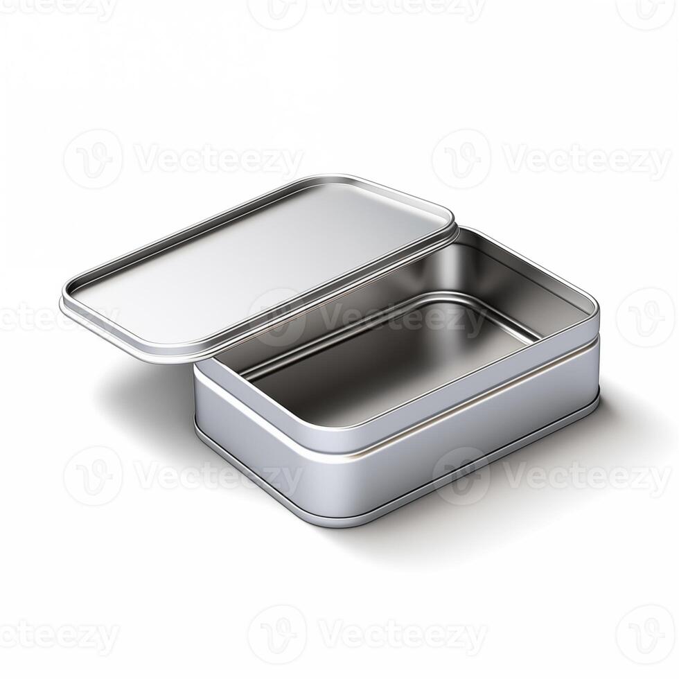 Rectangular tin box with an open lid. Metal box for various purposes. Isolate on a white back photo