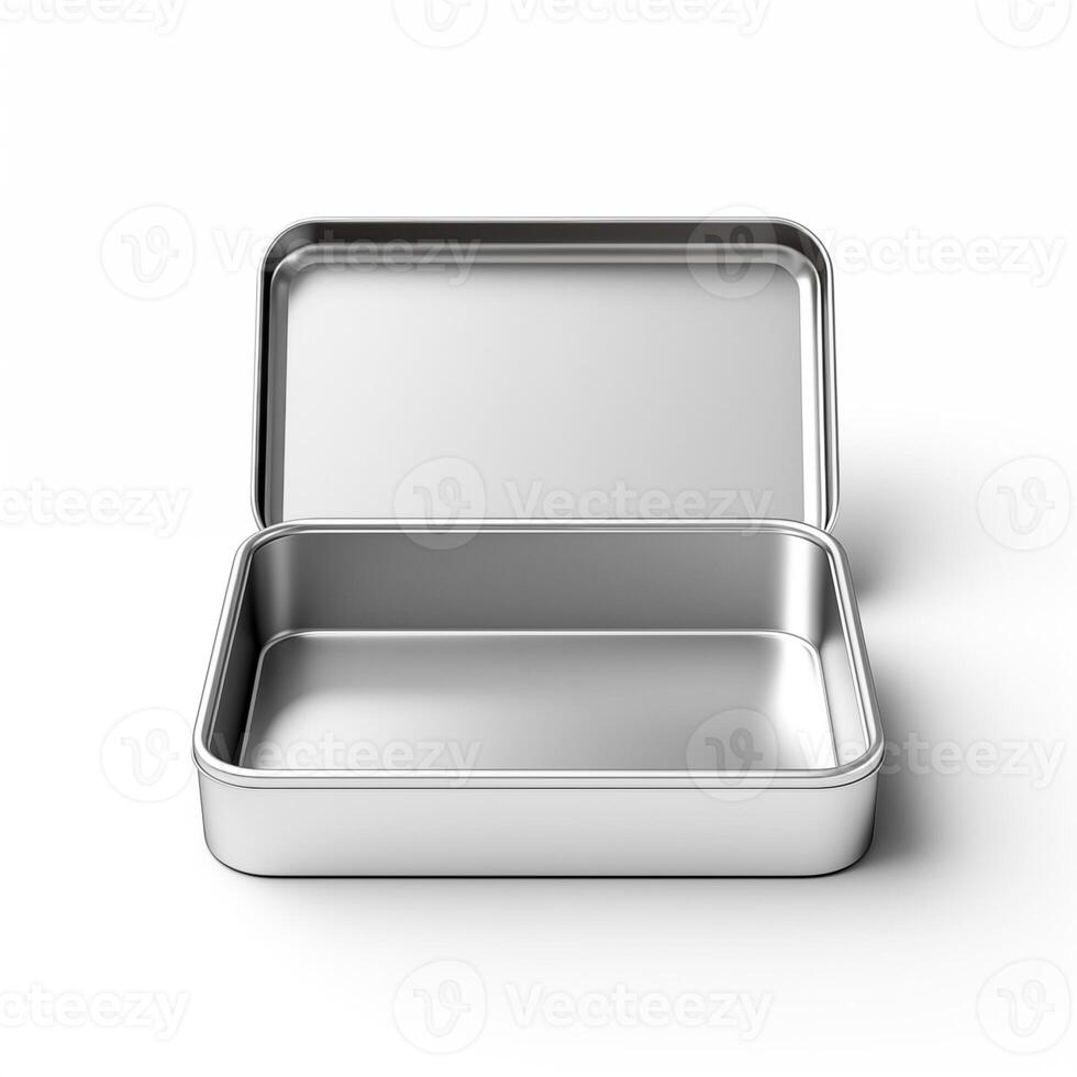 Rectangular tin box with an open lid. Metal box for various purposes. Isolate on a white back photo