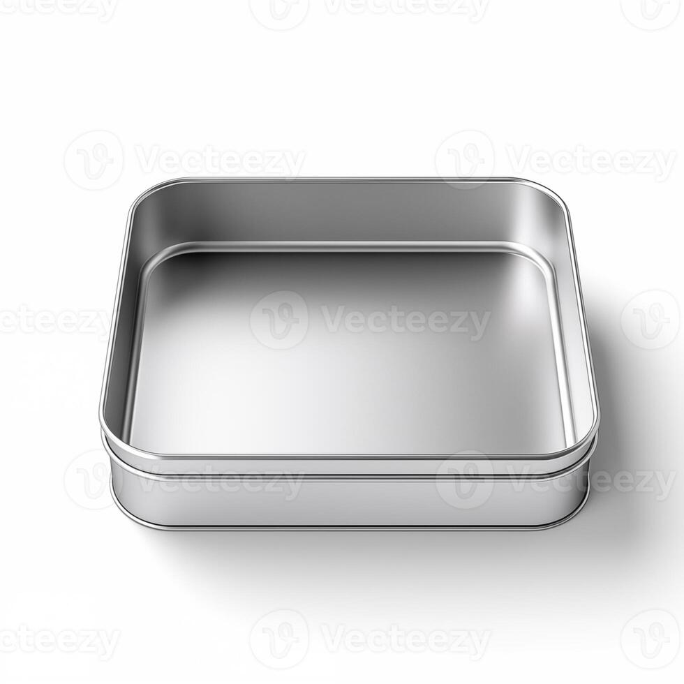 Rectangular tin box with an open lid. Metal box for various purposes. Isolate on a white back photo