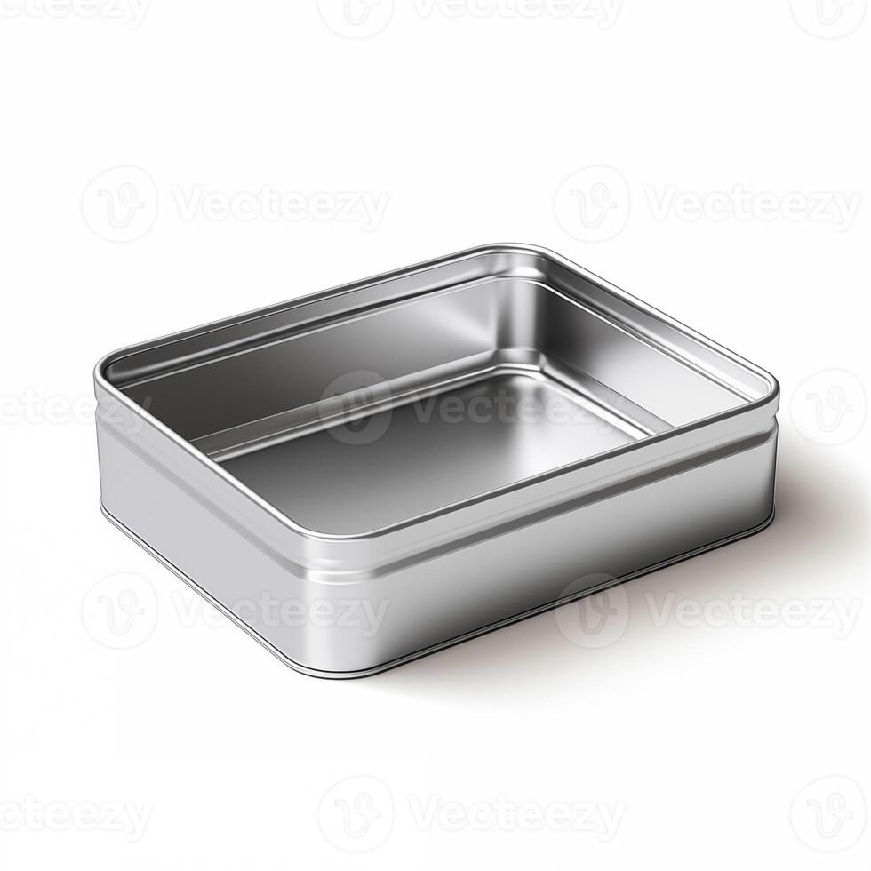 Rectangular tin box with an open lid. Metal box for various purposes. Isolate on a white back photo