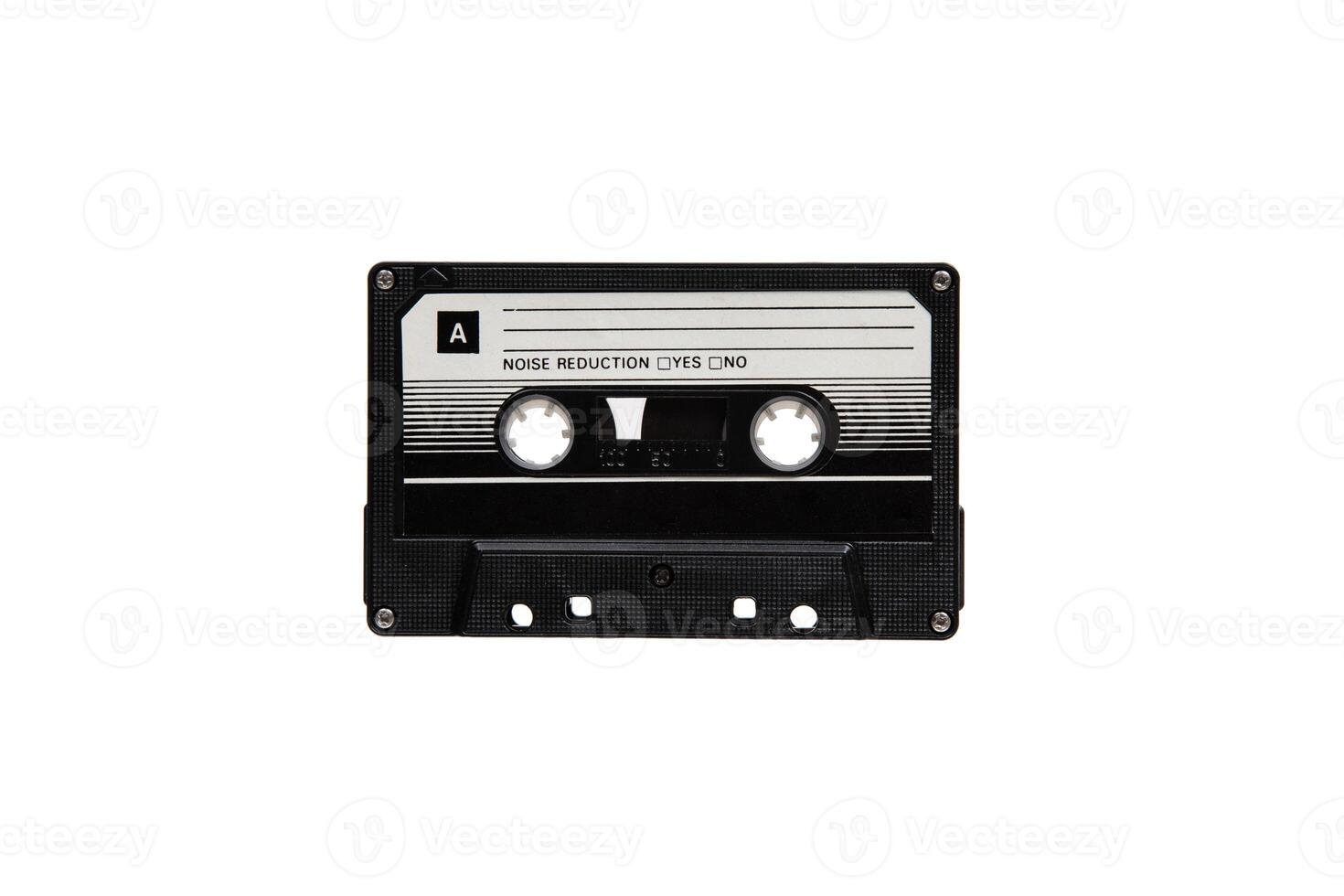 Close-up of an audio cassette with a sticker without text. Analog storage medium. Cassettes for audio recordings and music. photo