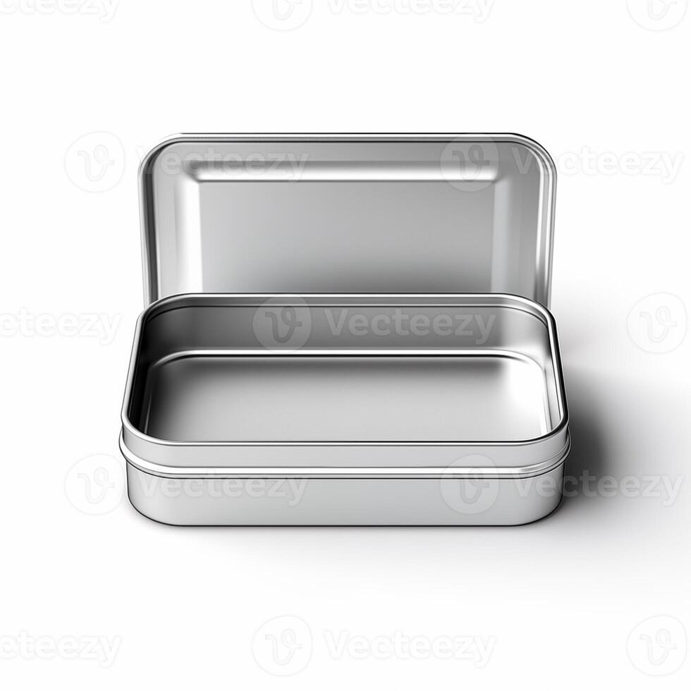 Rectangular tin box with an open lid. Metal box for various purposes. Isolate on a white back photo