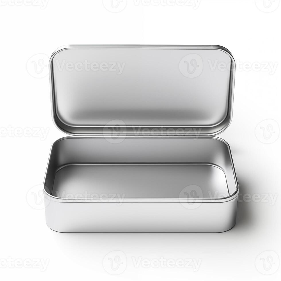 Rectangular tin box with an open lid. Metal box for various purposes. Isolate on a white back photo