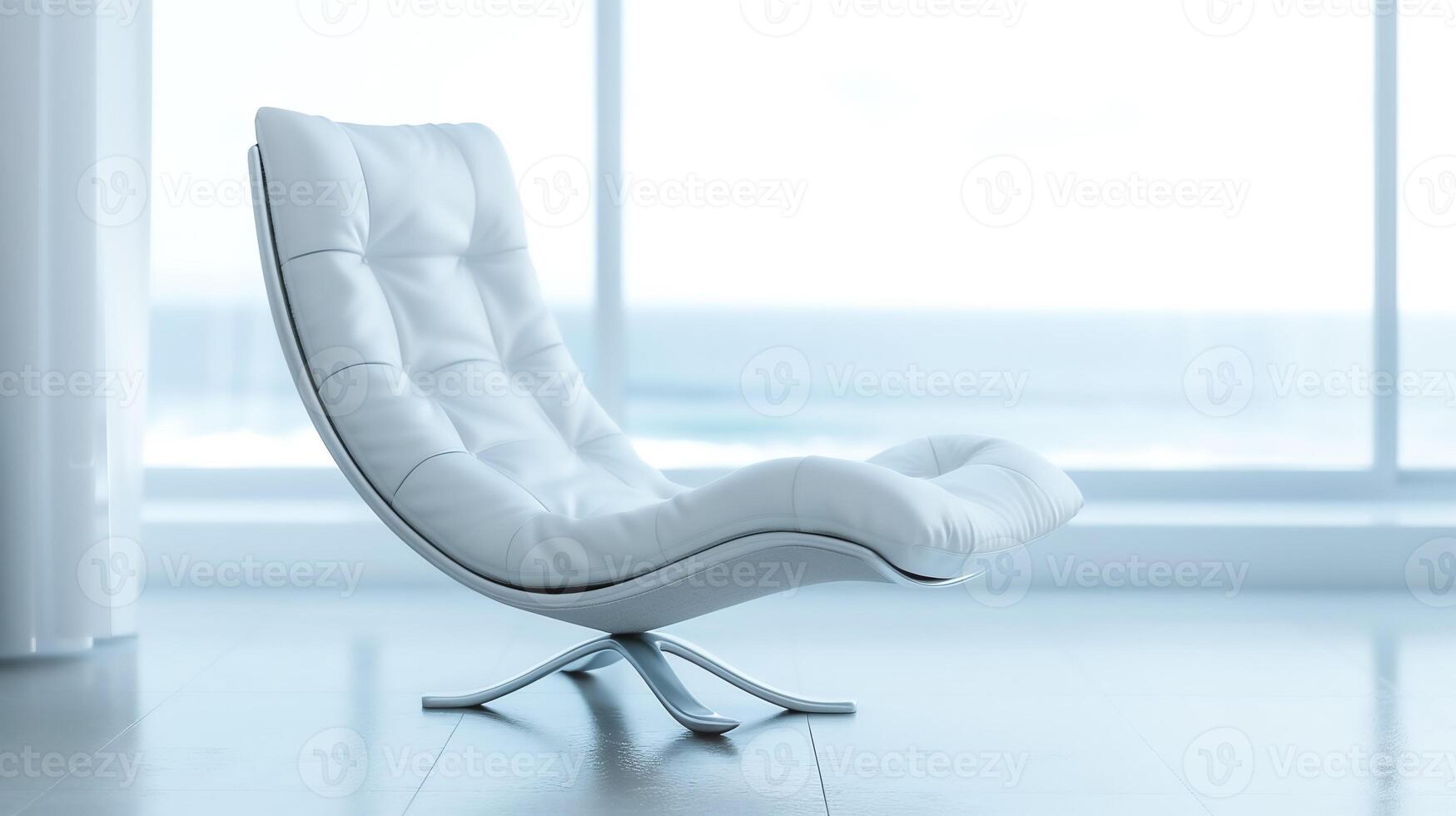 Sleek white lounge chair in minimalist room with sea view, ideal for relaxation and modern decor themes photo