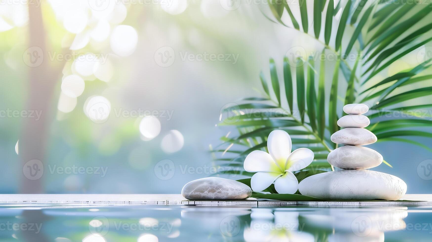 Spa setting with stacked stones and frangipani flower, serene water and palm leaves, zen wellness atmosphere photo
