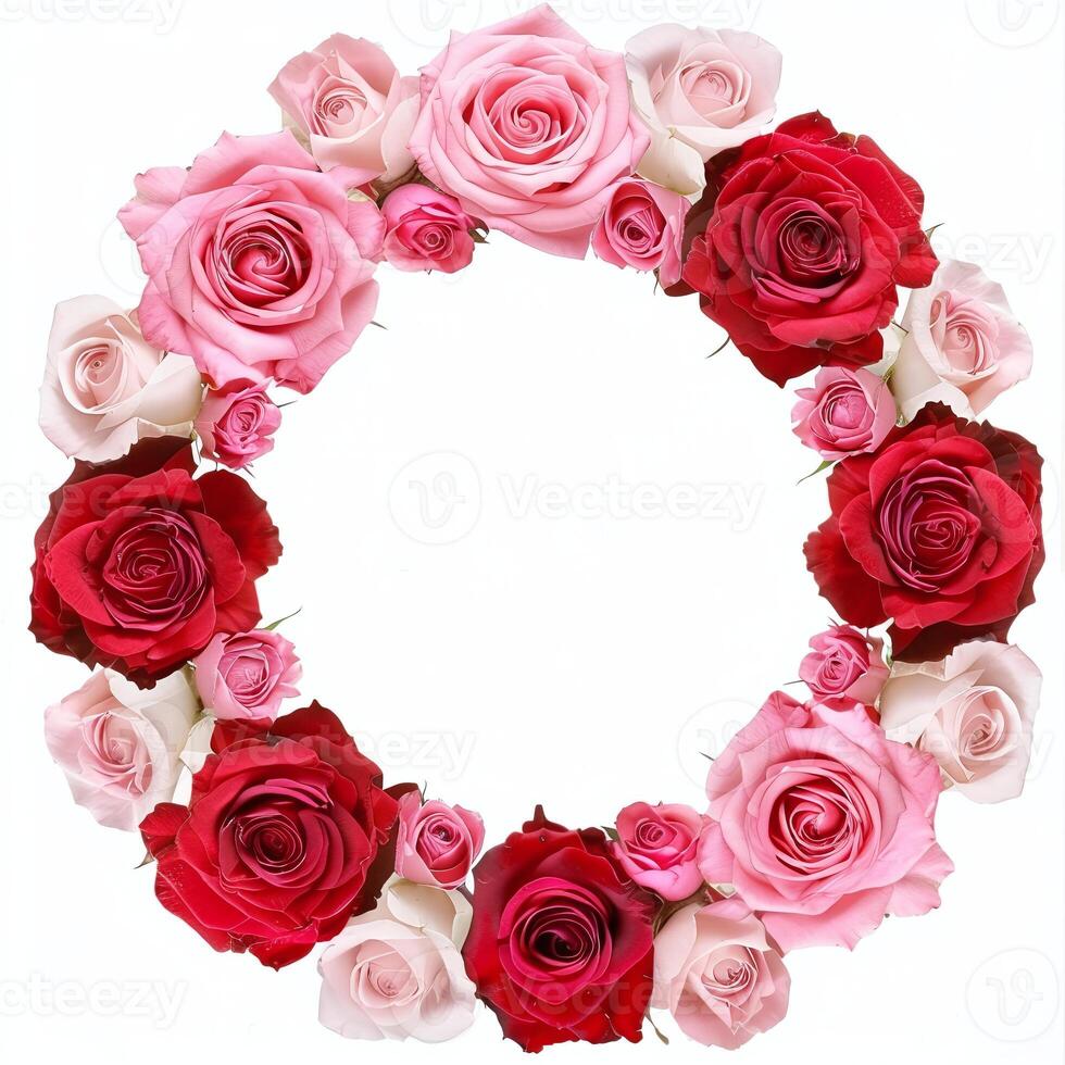 Round rose frame with vibrant pink and red flowers, perfect for love themes photo