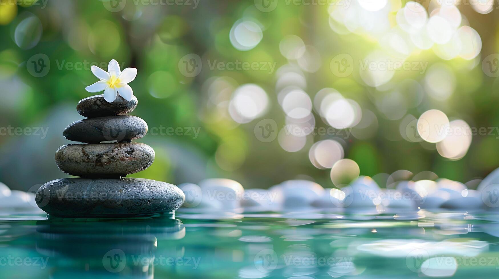 Soothing zen stone stack with frangipani flower, serene water surface for relaxation and spa settings. photo