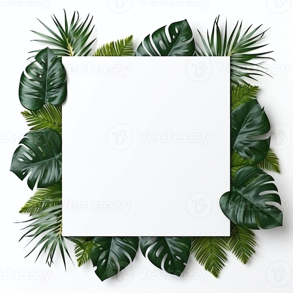 Tropical leaf frame for summer design, white copy space, green foliage border photo