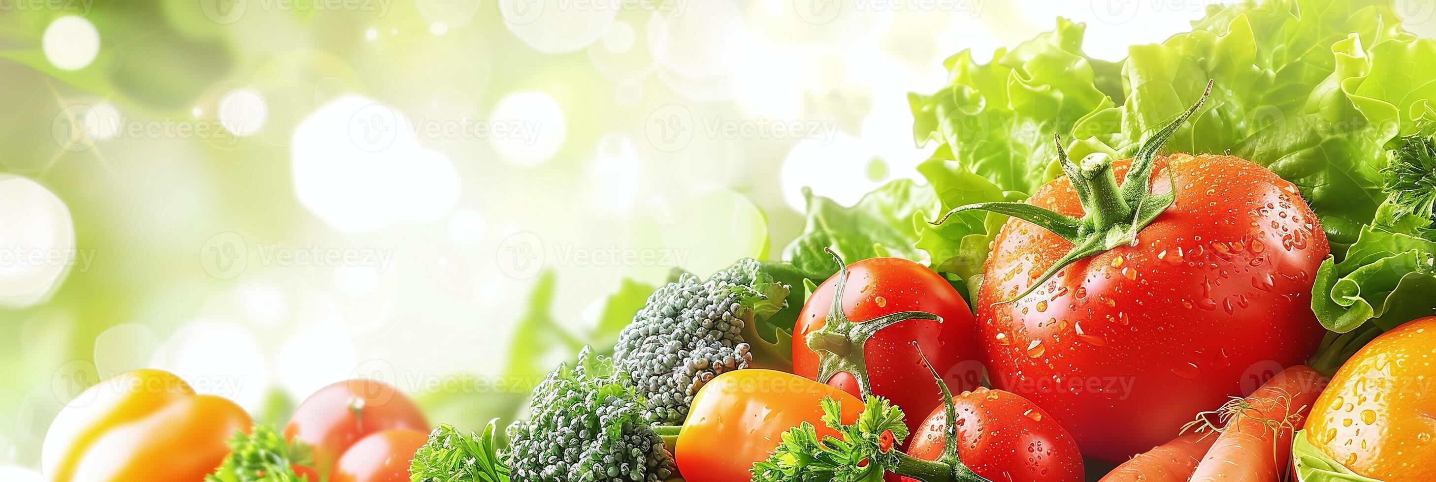 Vibrant fresh vegetables banner, ripe tomatoes, crisp lettuce, colorful carrots, and healthy greens with dewdrops, perfect for grocery, market, and organic food ads photo