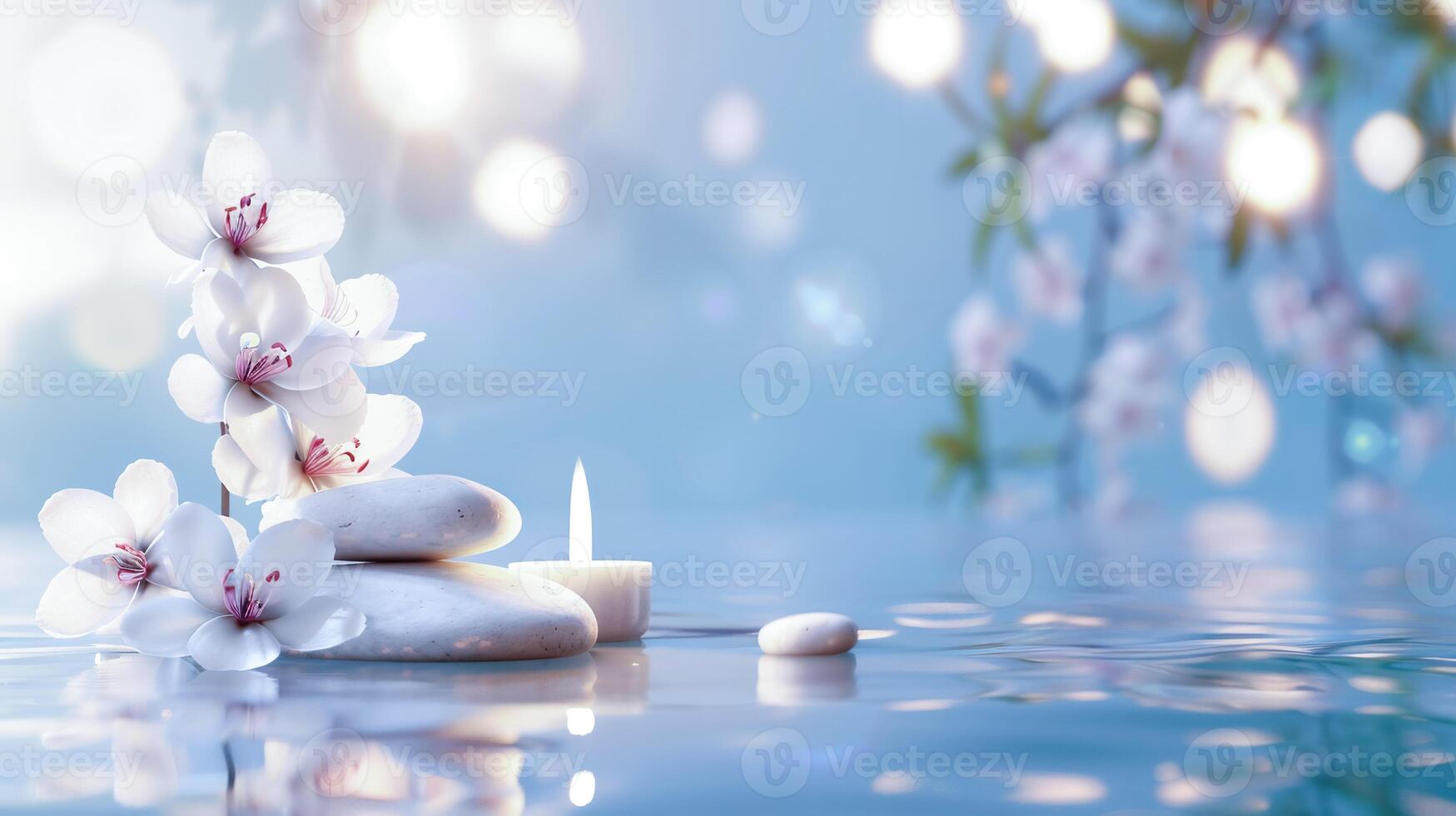 Spa tranquility with orchids on stones, candlelit water reflection for a peaceful, meditative ambiance photo