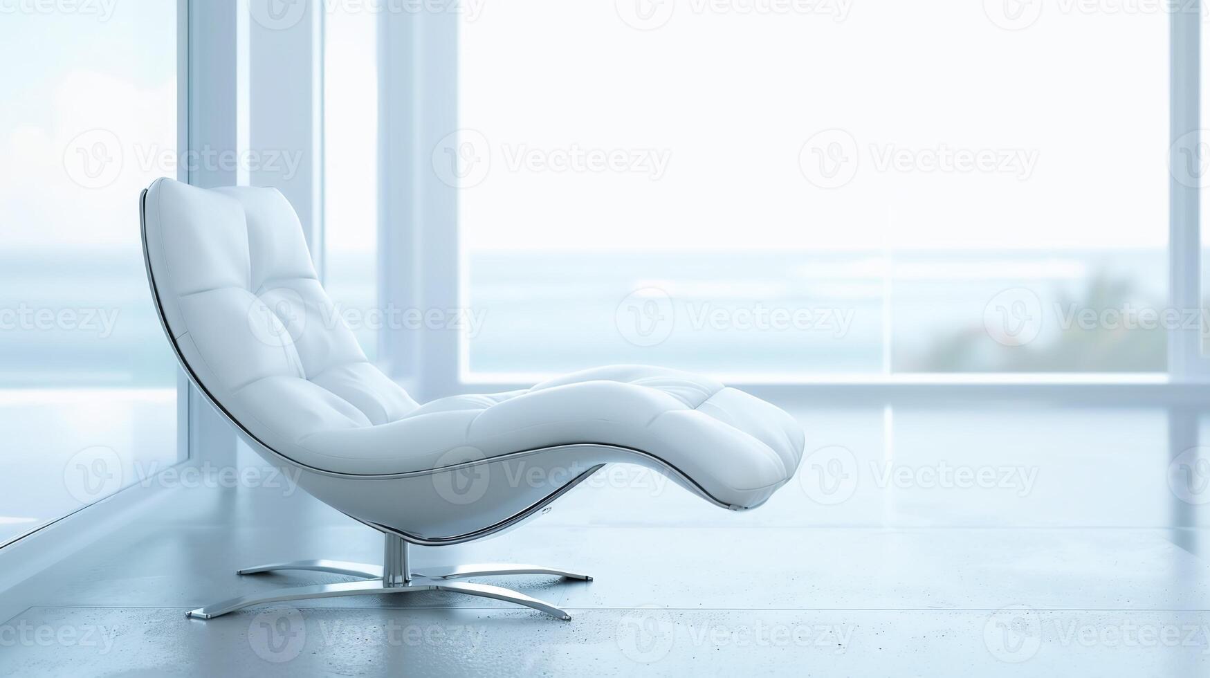 Modern white recliner in a serene room with ocean view for relaxation, interior design, and luxury lifestyle. photo
