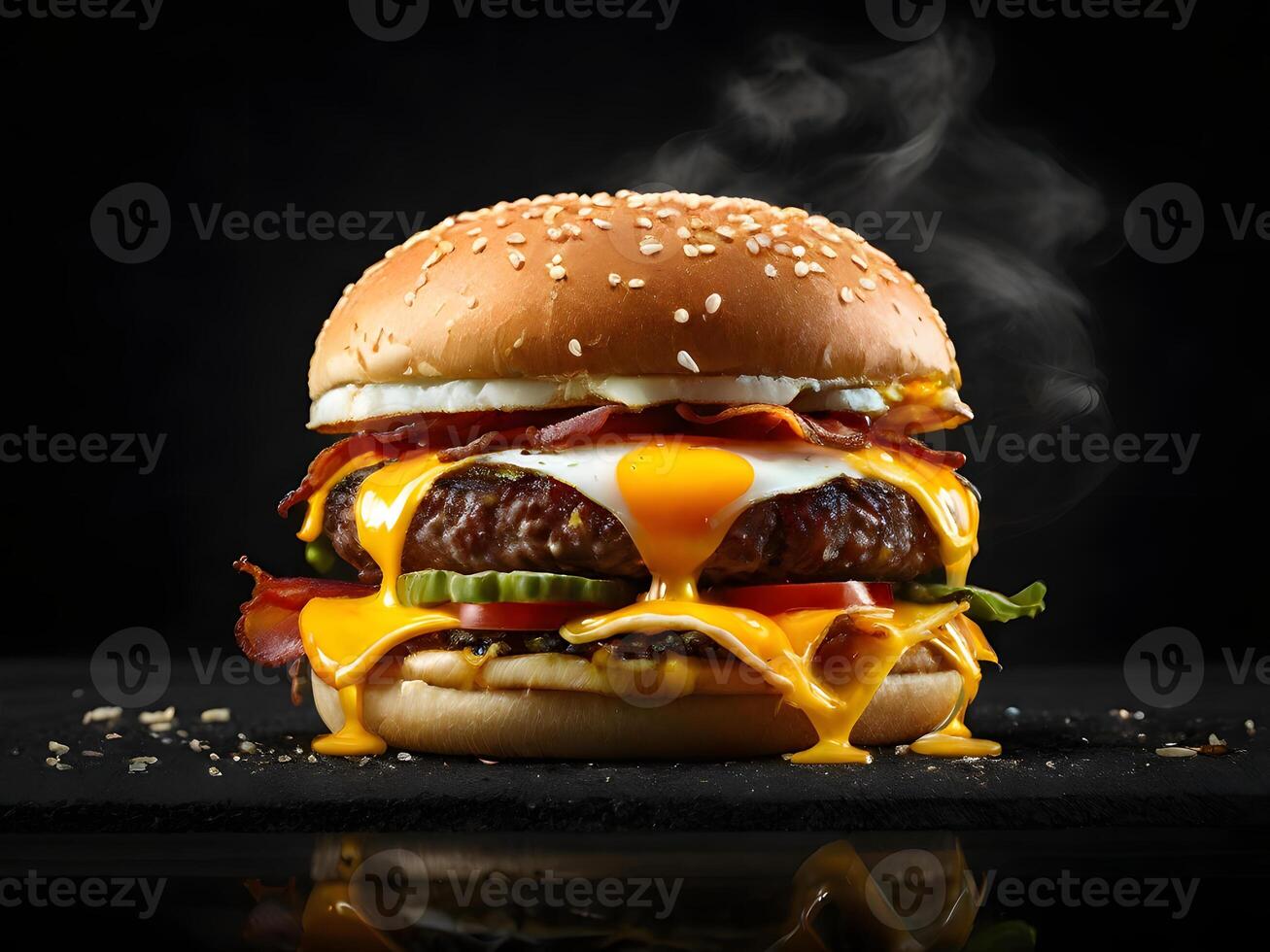 A hamburger with cheese on it is sitting on a black surface photo