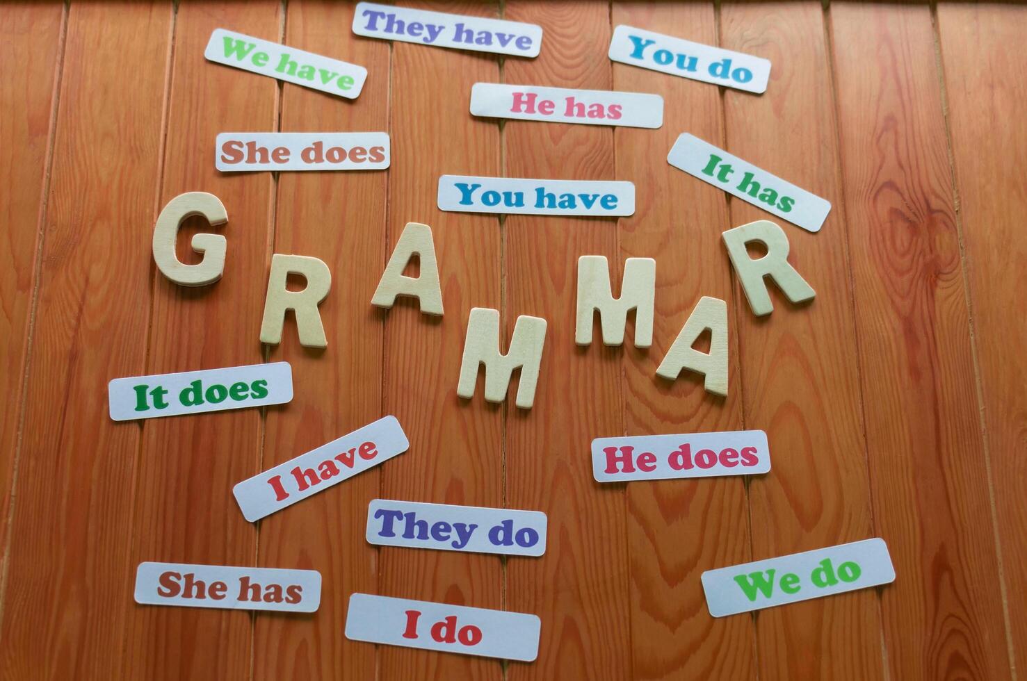 English grammar cards on wooden table photo