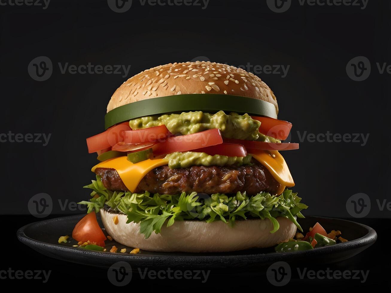 Burger sits on a plate with black background photo