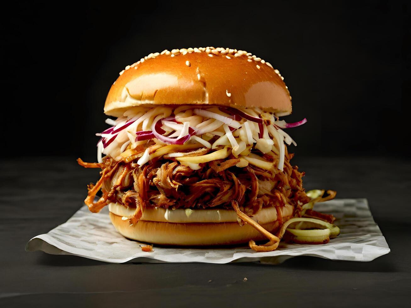 Fresh burger placed on paper with black background photo