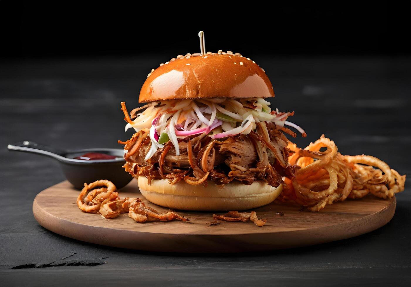 Burger setting with wood round cutting board photo