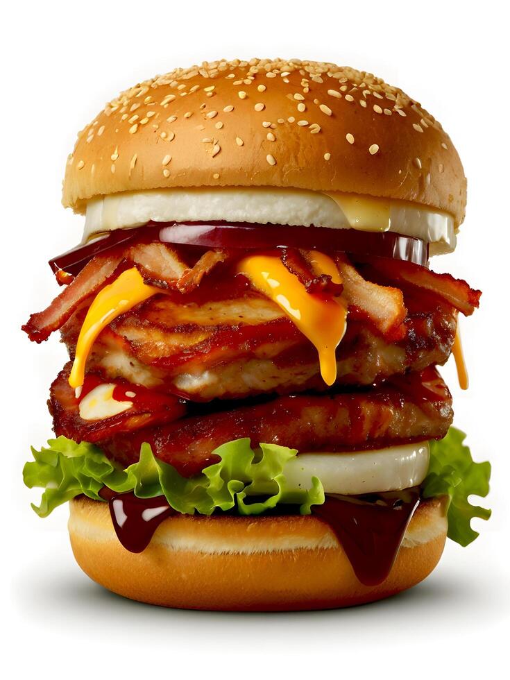 a burger with bacon and lettuce on it isolated on white background photo