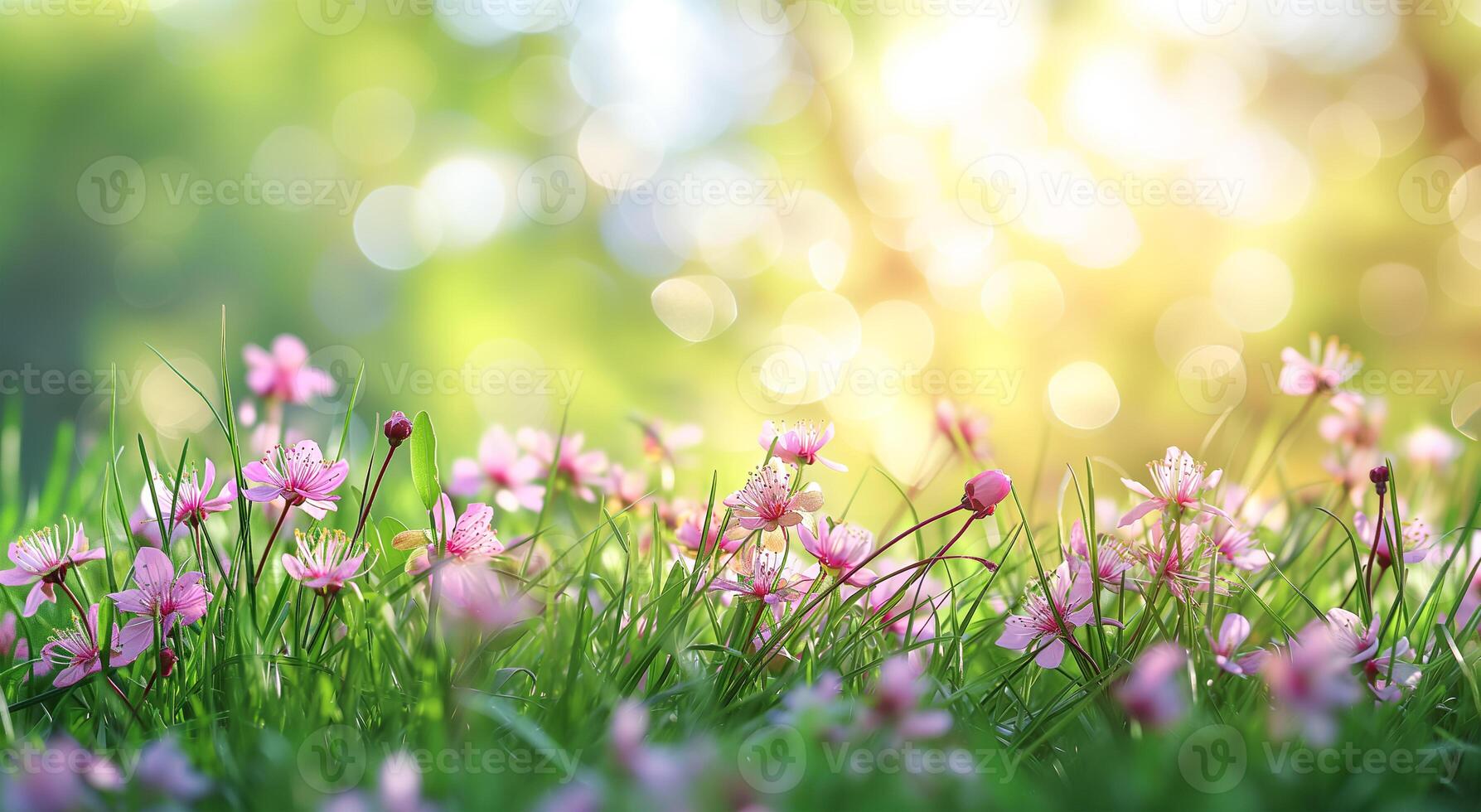 Spring glade in forest with flowering pink flowers in sunny day. Tranquil natural spring landscape with flowers. Blurred forest field background, soft focus. photo