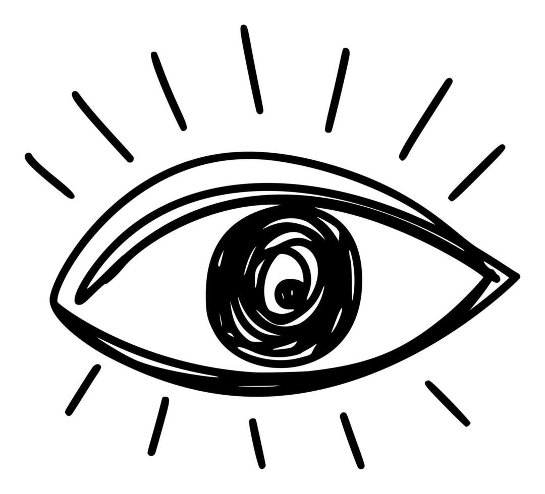 Hand drawn eye icon in simple doodle style. Open black eye with lines. Monochrome design vector