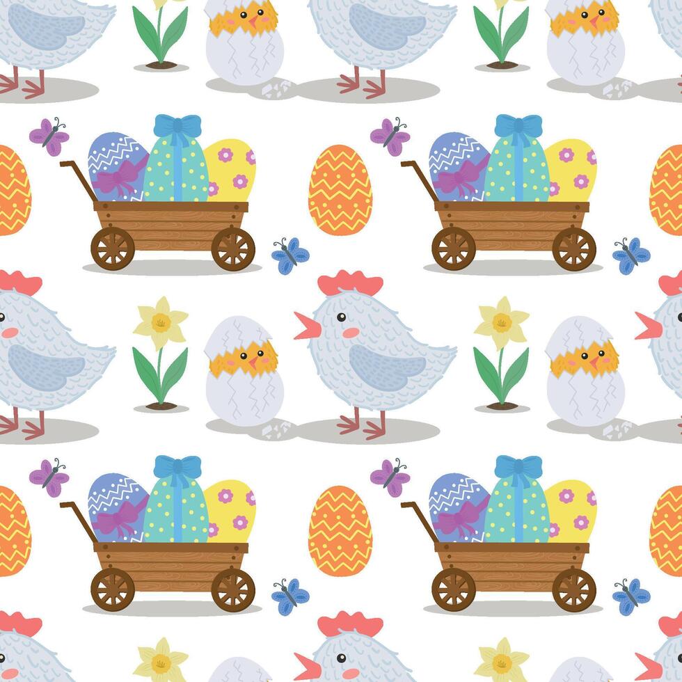 Seamless pattern with chicken, egg, flowers, egg cart, butterflies. illustration for Easter. vector