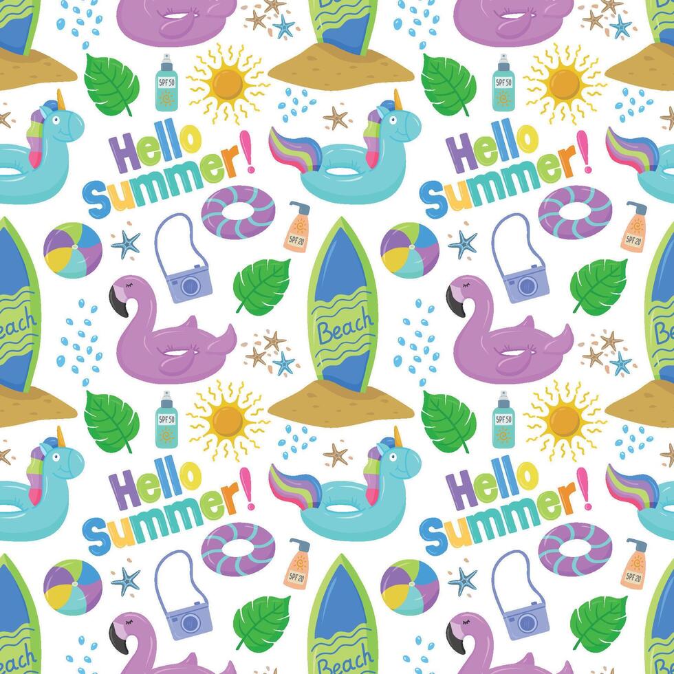 Various products for the beach and recreation. An inflatable swimming circle with a blue unicorn, flamingo, palm tree, camera, sun and waves. Seamless drawing on summer and marine themes. vector
