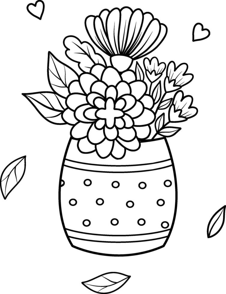 illustration of a vase with flowers, tulips, daisies, peonies, hydrangeas. A black and white outline. Seasonal illustration of spring flowers for gardening, coloring book. Easter illustration vector