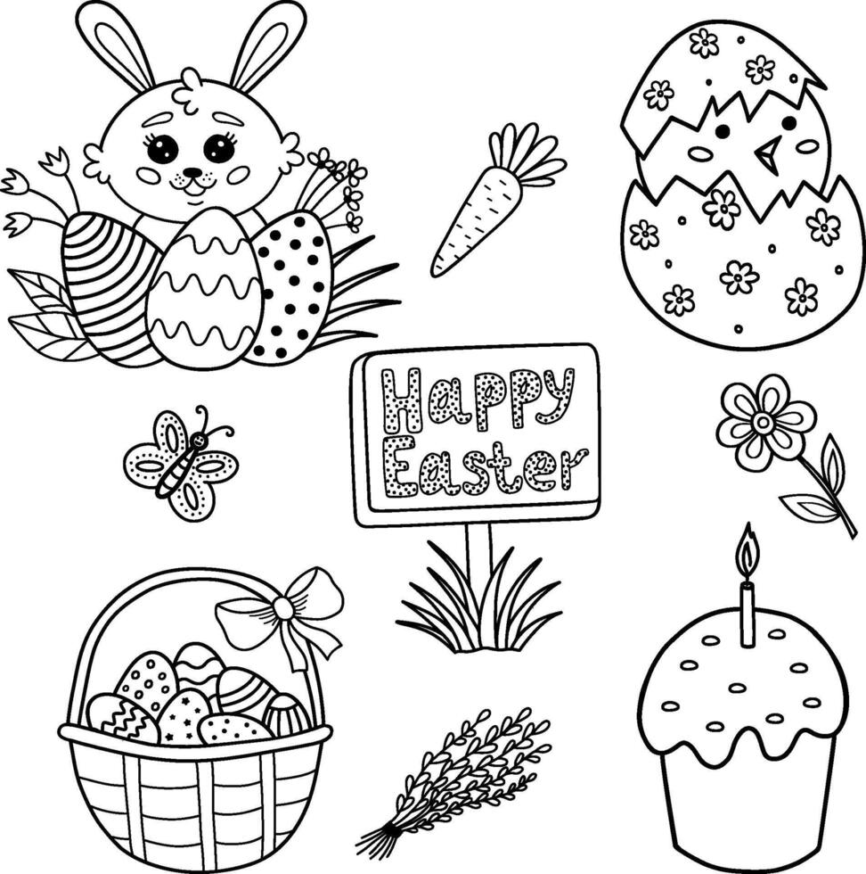 un conjunto de Pascua de Resurrección ilustraciones. linda para niños dibujos para Pascua de Resurrección. un conjunto de ilustraciones con un Pascua de Resurrección conejito, flores, mariposas, zanahorias, un cesta de huevos, un pastel y un sauce. contorno vector