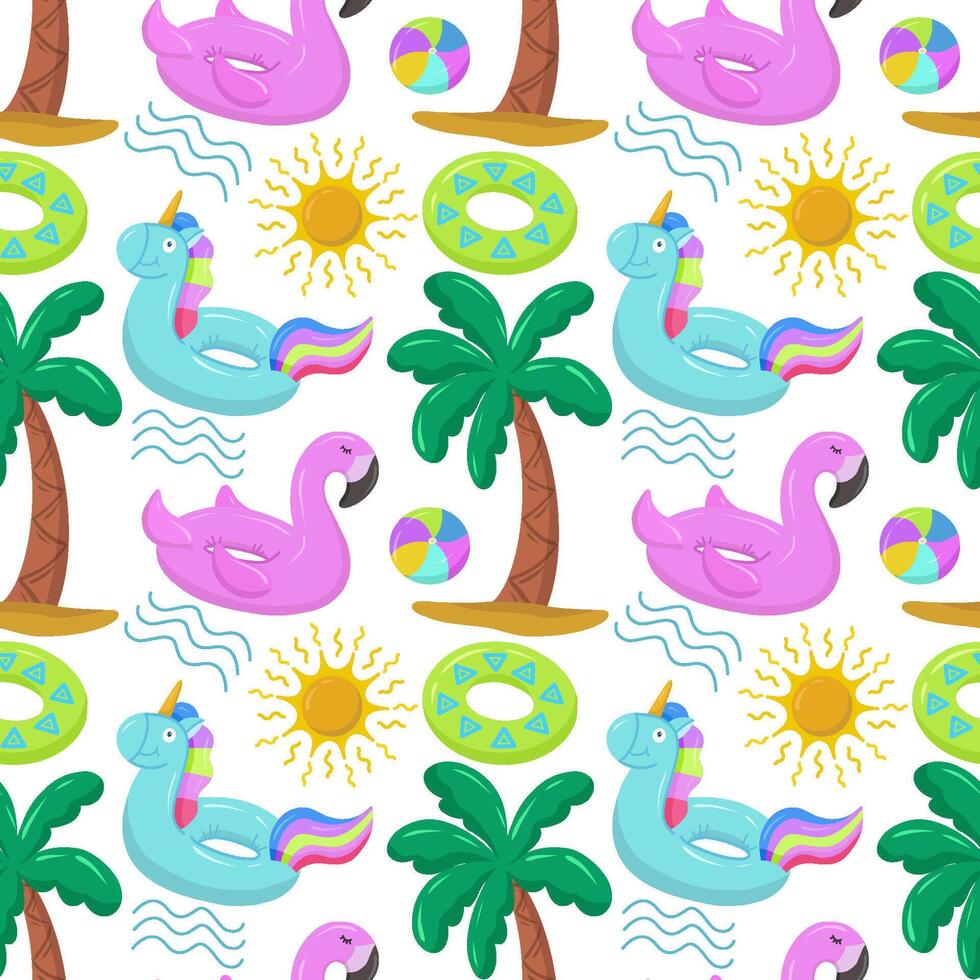 Various items for the beach and recreation. Inflatable swimming circle with blue unicorn, flamingo, palm tree, sun and waves. Seamless pattern on summer and marine themes. vector