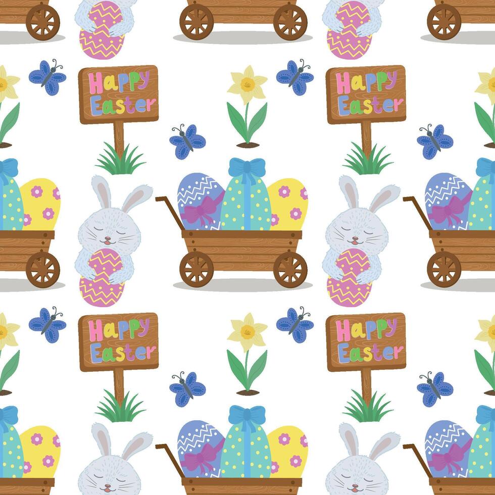 Seamless pattern with flowers, eggs, basket, butterflies and rabbits for Easter, illustration. Easter pattern with rabbit, butterfly, eggs. vector