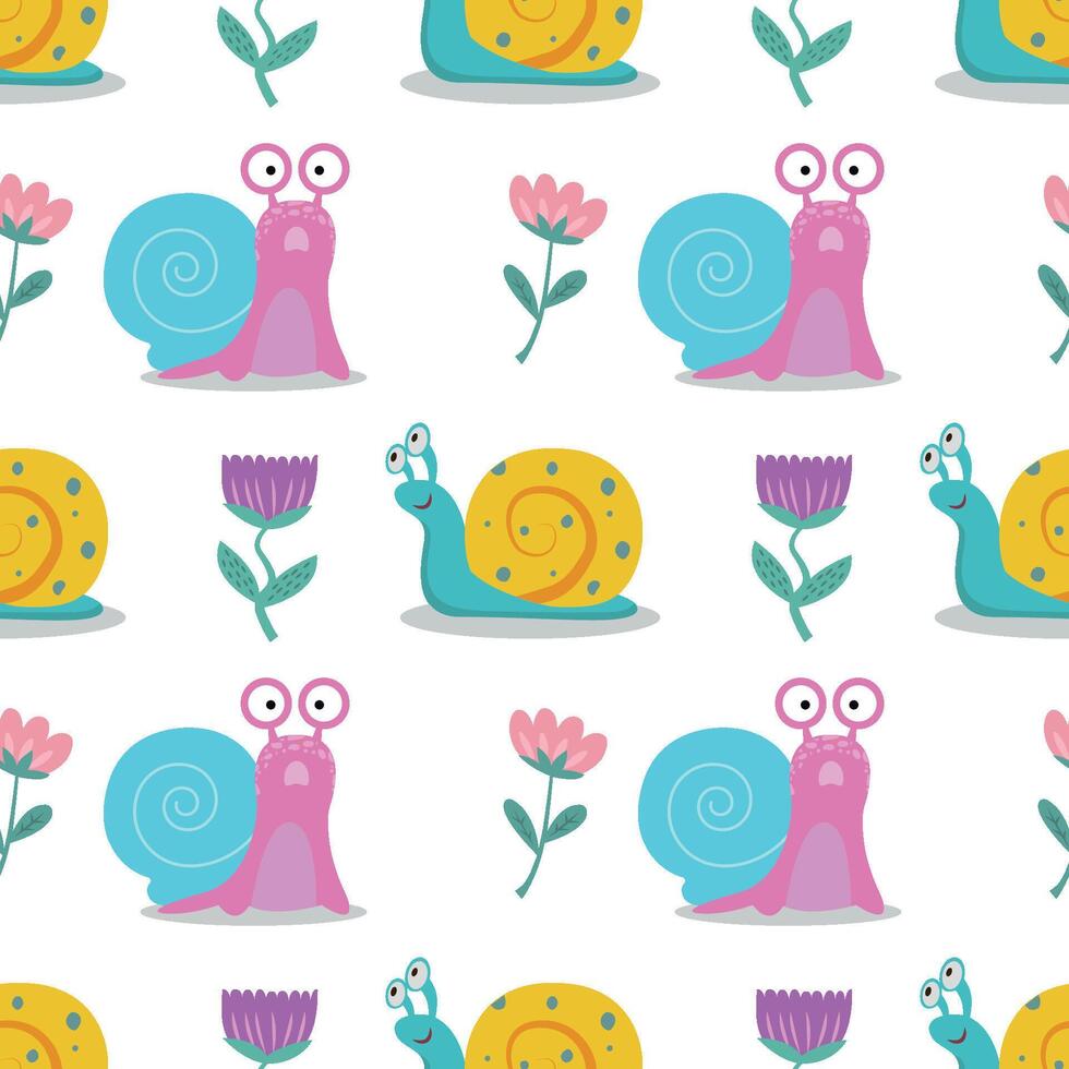 Seamless pattern with snails and flowers. Cute illustration with snail flowers for children's postcards, wallpapers, packaging. vector