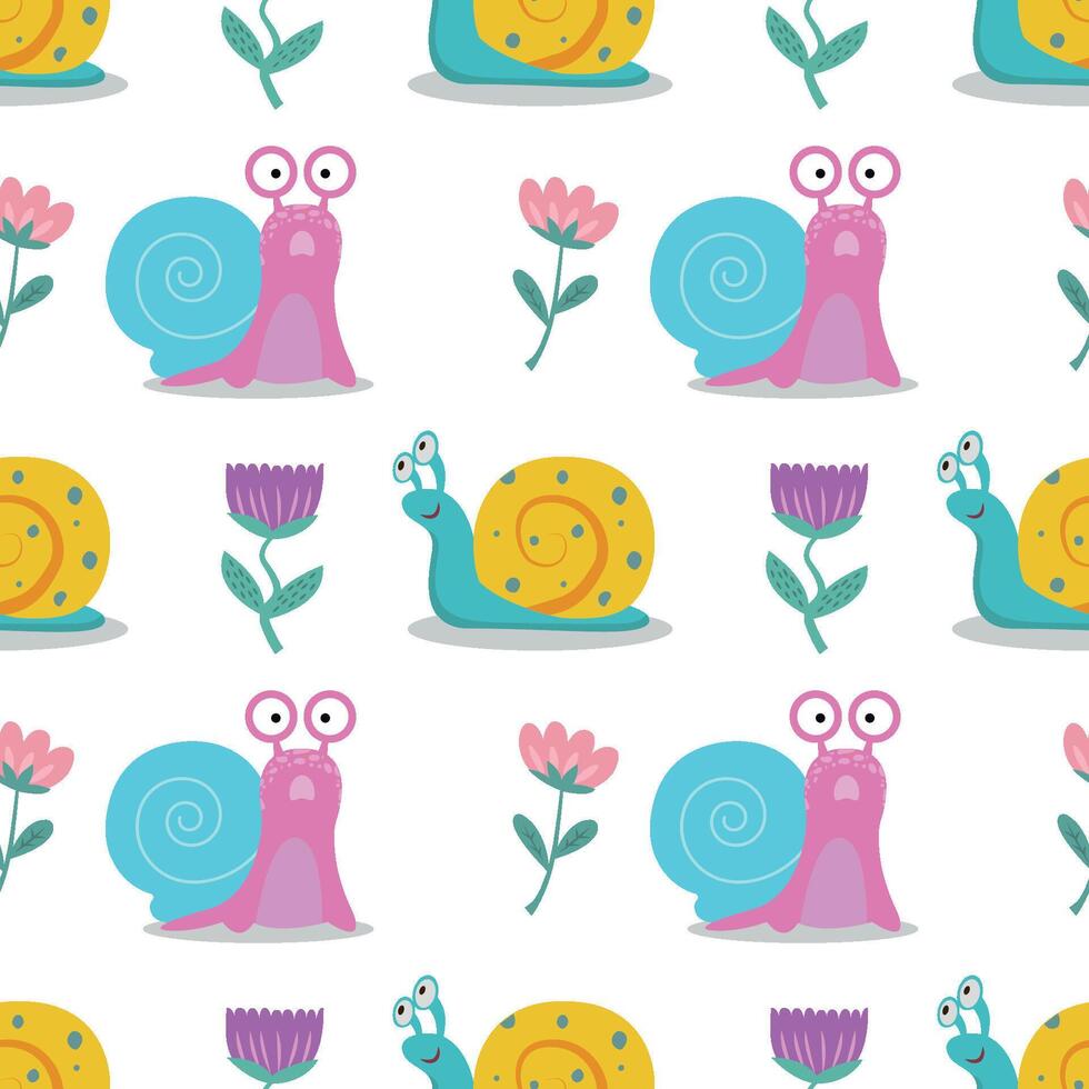 Seamless pattern with snails and flowers. Cute illustration with snail flowers for children's postcards, wallpapers, packaging. vector