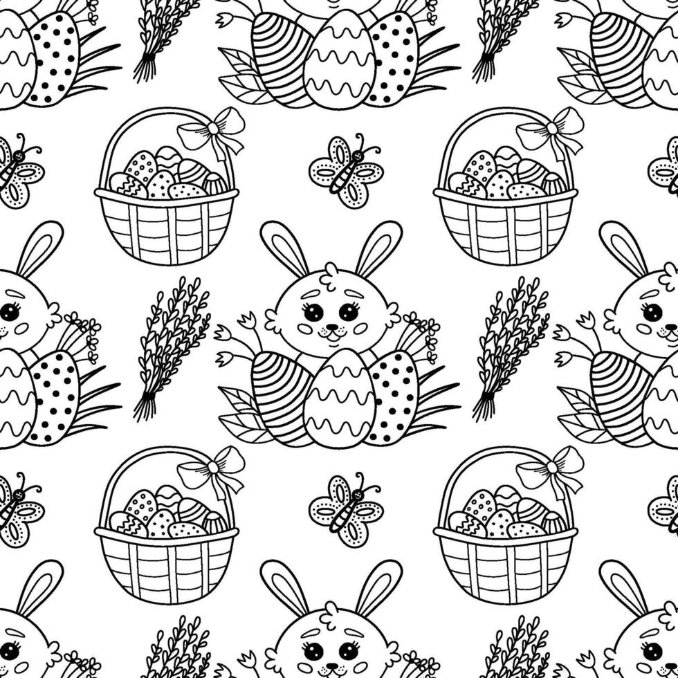Seamless pattern with flowers, willow, basket with eggs and rabbits for Easter, illustration. Easter pattern with rabbit, butterfly, eggs, cake. vector